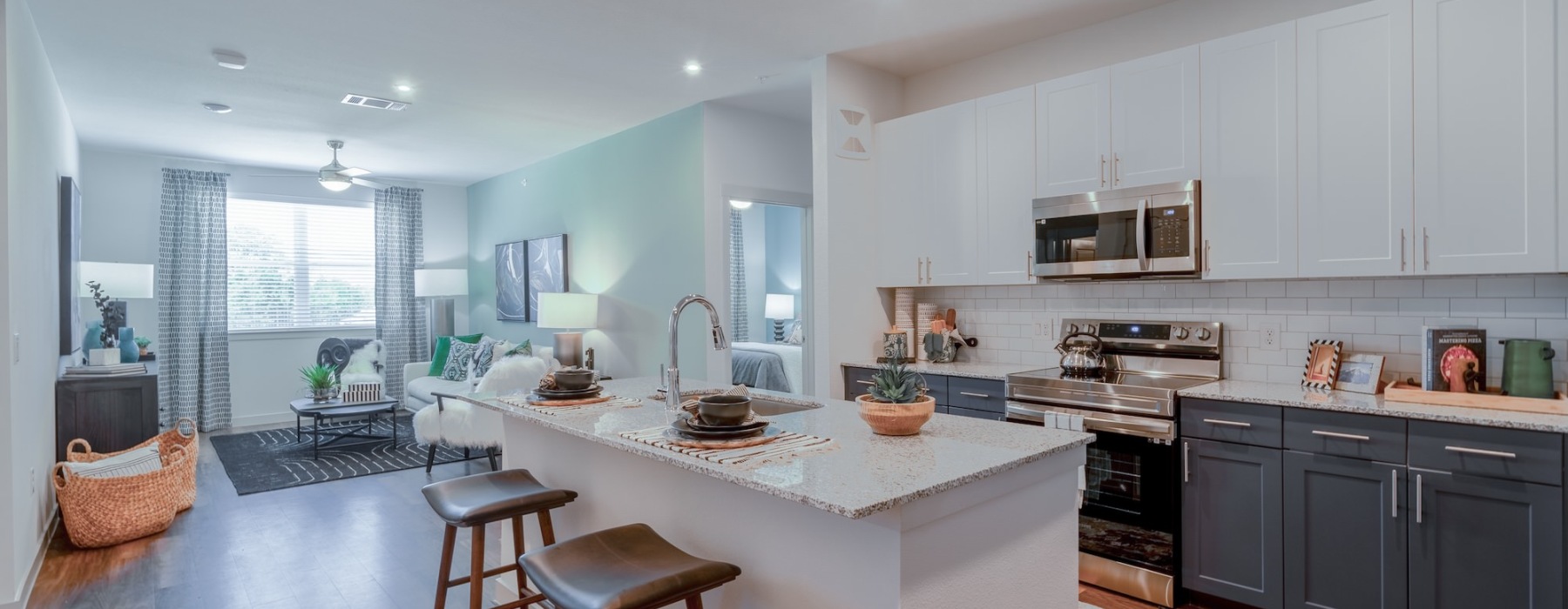 kitchen with an island and bar stools